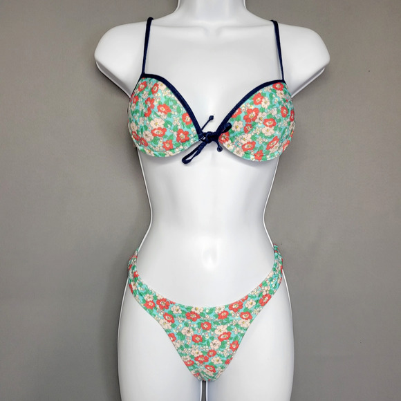 Agua Doce Brazilin Cheeky Bikini Swimsuit Womens M Blue Floral Underwire Padded - Picture 1 of 16